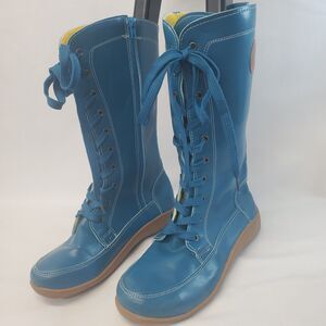 Blue Zipper High Lace Up Boots Size 40 / 9 Flats Yellow Inside No Brand